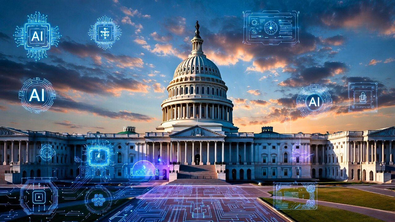 The U.S. Capitol overlaid with AI symbols at dusk.